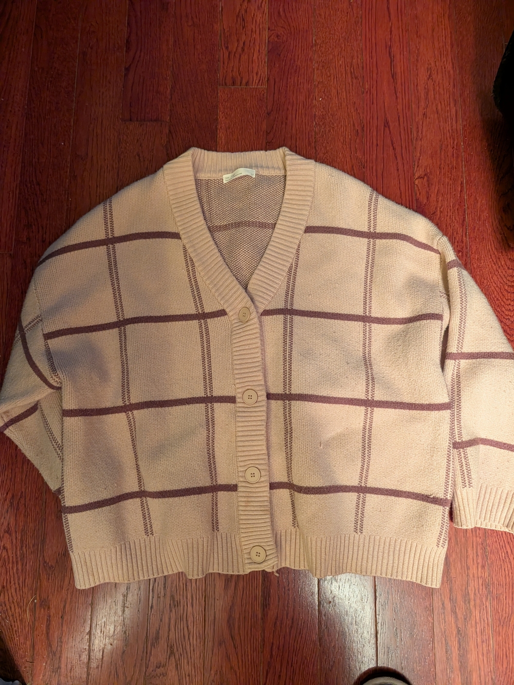 OAK + FORT Beige Cardigan with Brown Windowpane Grid